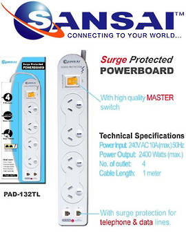 SANSAI 4 Way Surge Protected Power Board with Phone Line Protection
